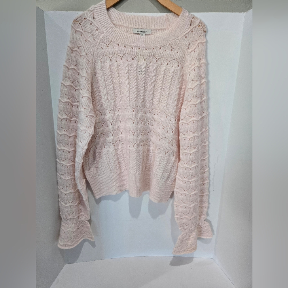 Francesca's Raye Pointelle Knit Sweater Soft Pink Scalloped Detail XL